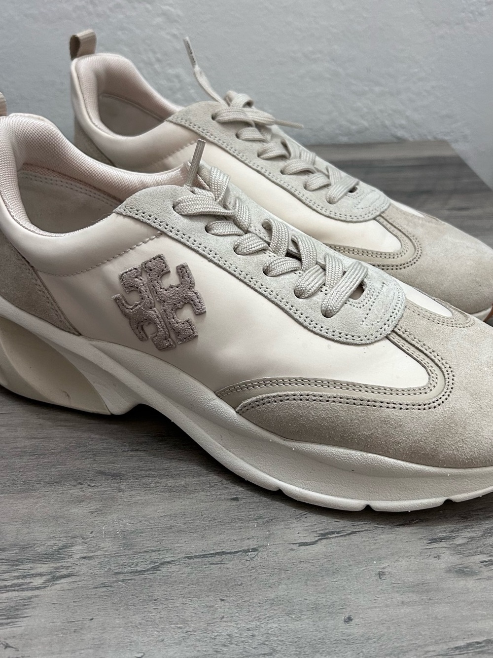 Tory Burch Light Cream Suede & Leather Sneakers